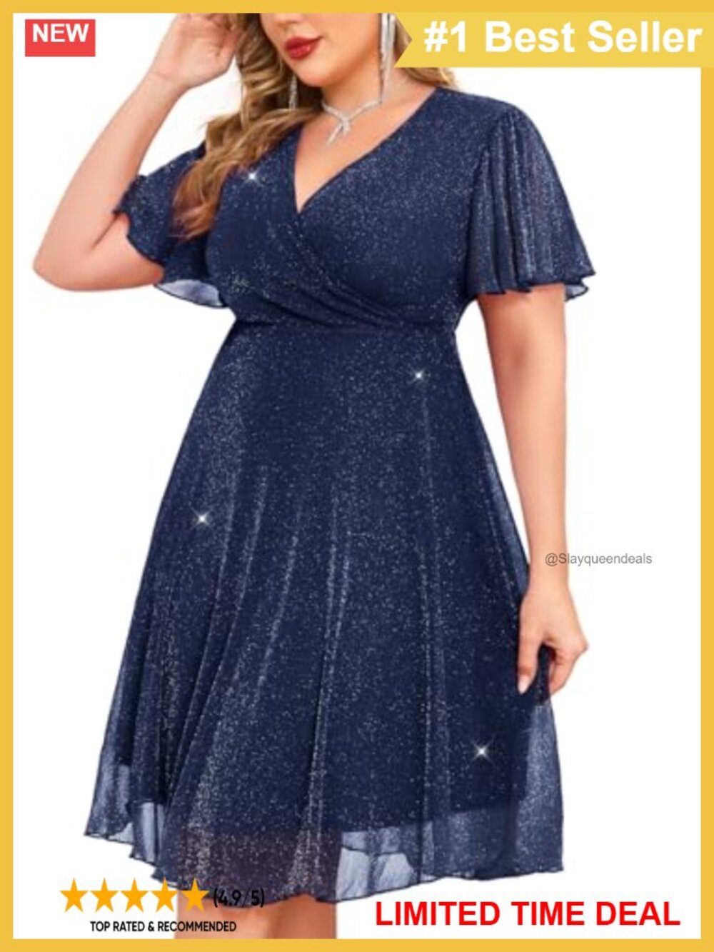 Plus Size Sparkly Mesh A-Line Dress Flutter Sleeve V-Neck Cocktail